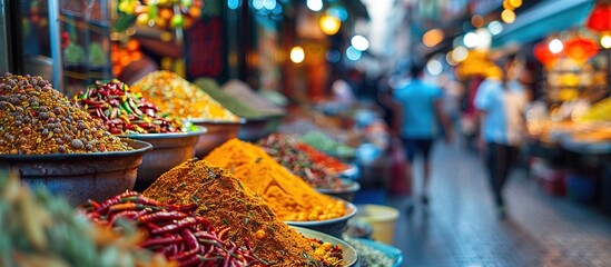 A close up shot of a traditional market with colorful aromatic spices and exotic flavors, creating a sensory and cultural atmosphere. Local wisdom and diversity of economic culture.