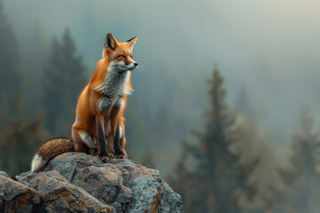 A fox is sitting on a rock in a forest - Powered by Adobe