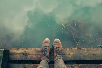 A person is standing on a wooden platform over a body of water - Powered by Adobe