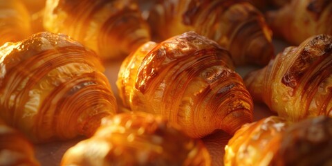 A close up of a bunch of croissants with a warm, golden color. The croissants are arranged in a row, with some overlapping each other. Concept of comfort and indulgence - Powered by Adobe