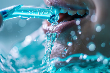 A woman is brushing her teeth in a blue bathtub - Powered by Adobe