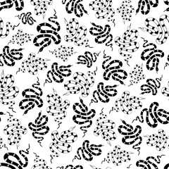 Black and white drawing of snakes arranged in vector seamless pattern. A group of freehand drawn snakes that vary in size are swarming and rotating across a white backdrop.