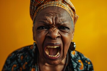Closeup portrait, mad, angry, upset, hostile, senior african american mature woman, worker, furious employee, yelling, open mouth, yellow background. Negative human emotions, facial expression