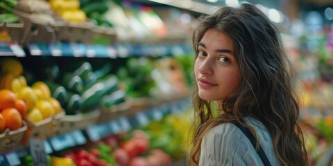 A woman is standing in a produce section of a grocery store. She is smiling and looking at the fruit and vegetables