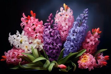 Colorful Spring hyacinths floral plant. Beautiful bloom spring botany plant. Generate Ai