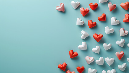 Top view Valentine's Day concept background with white and red paper hearts on pastel blue background, perfect for greeting card or decoration