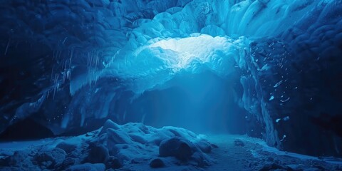 A blue cave with a light shining through it. The cave is filled with ice and rocks. The light is reflecting off the ice, creating a beautiful and serene atmosphere