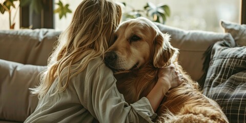 A woman is hugging a golden retriever on a couch. The woman is wearing a gray shirt and the dog is laying on the couch