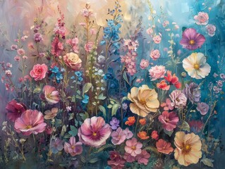 Colorful oil painting featuring blooming flowers with a textured, impressionistic style on canvas.