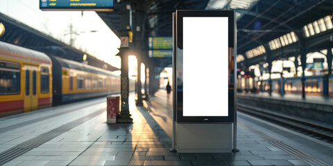 A white billboard sits on a train platform