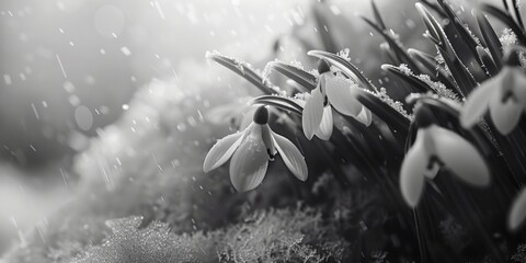 A black and white photo of a flower with raindrops on it. Scene is serene and peaceful, as the...