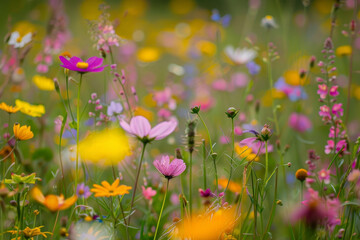 A field of wildflowers with a mix of yellow, pink, and blue flowers