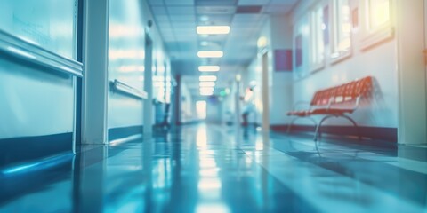 A hospital hallway with a bench in the middle. The hallway is very bright and clean