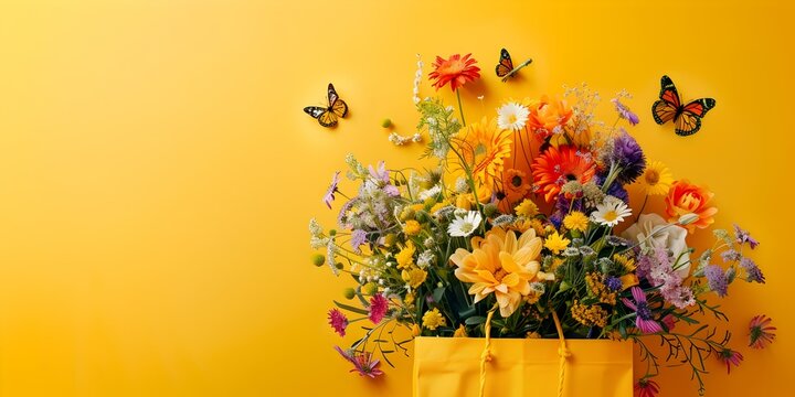 Yellow bag with flowers and butterflies on bright yellow background. Gardening, spring is here, summer beginning or mother's day concept, flat lay mockup banner with copy space.