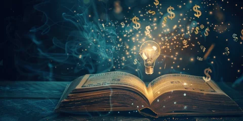 Foto op Plexiglas An open book with glowing lightbulb and dollar sign icons emerging from its pages, idea of getting rich through knowledge © People
