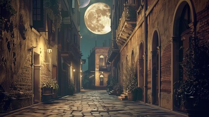 A street scene with the moon rising above the buildings, casting a soft light on the pavement and creating a peaceful atmosphere, - obrazy, fototapety, plakaty