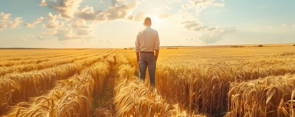 Man standing in golden wheat field at sunset light.