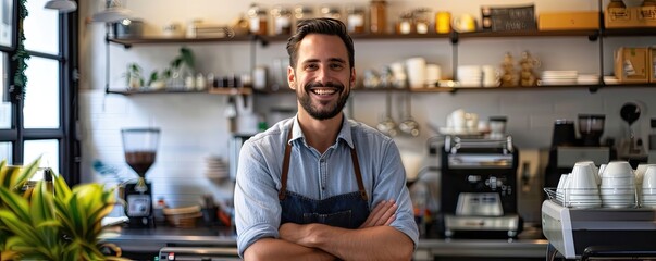 Confident male entrepreneur stands in his well-designed coffee shop, arms crossed