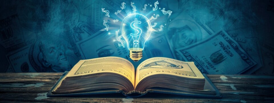 An open book with glowing lightbulb and dollar sign icons emerging from its pages, idea of getting rich through knowledge