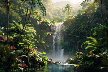 A lush tropical forest with a waterfall and a palm tree