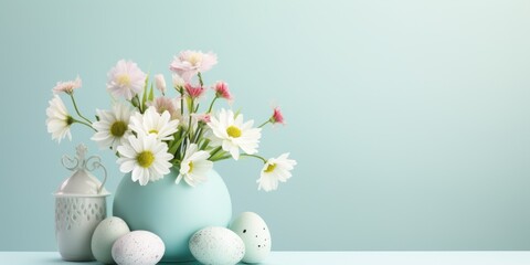 A vase of white flowers sits on a table next to a white egg. The flowers and egg create a sense of new beginnings and growth