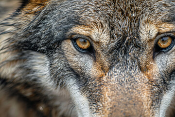 A wolf's face with brown and gray fur and yellow eyes - Powered by Adobe