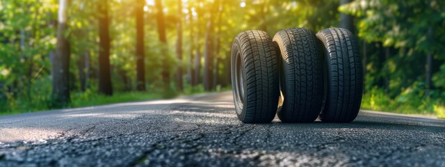 Three tires on the asphalt road in front of a green forest background. Rubber tires for summer or winter driving vehicles. The concept of recycled rubber tires for travel with new vehicles - obrazy, fototapety, plakaty