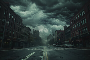 A city street with a dark sky and rain
