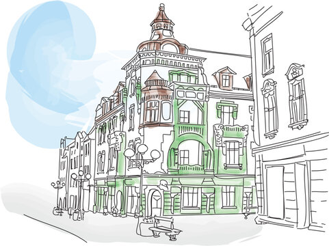 Mikolow city in Poland. Silesia. Art nouveau architecture.
vector illustration.