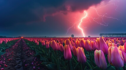 field of tulips in the night with heavy flash lightening on sky 