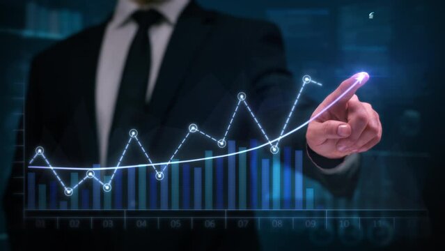 Businessman Financial Broker in Suit Drawing an Ascending Financial Chart. Man Hand showing Record Earnings, Corporate Growth, Increasing Profits, Business Success in Virtual or Augmented Reality. 