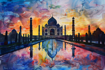 A painting of the Taj Mahal with a reflection of the building in the water - obrazy, fototapety, plakaty