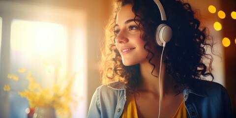 A woman with curly hair is wearing headphones and smiling. She is listening to music and she is enjoying herself