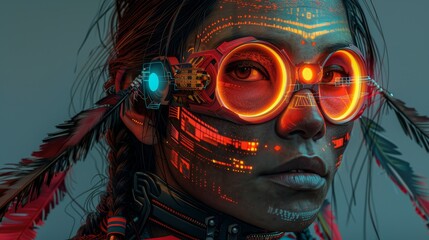 Artistic representation of a cyborg with tribal-inspired facial markings, set against a vibrant, urban backdrop.