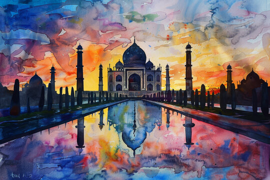 A painting of the Taj Mahal with a reflection of the building in the water