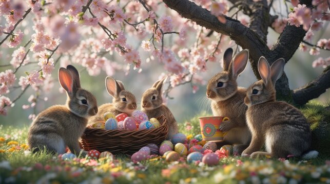 Three Audubons Cottontail rabbits are standing next to a basket of Easter eggs in a field of grass and flowers AIG42E