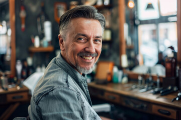 A man with a beard and gray hair is smiling in front of a barber shop