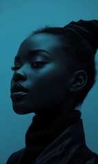 a beauty model with a black hairdo in blue atmosphere