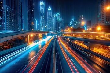 Fototapeta premium Motion Blur Night Lights Capturing the Dynamic Energy on a Bustling Highway, with a Majestic City Skyline Backdrop