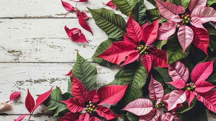 A bunch of red and green poinsettias are arranged on a wooden surface. The red flowers are the main focus of the image, with the green leaves surrounding them. The arrangement creates a festive