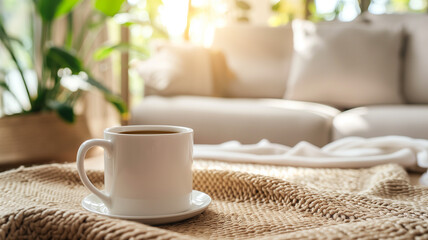 Fototapeta na wymiar a white mug on the background of a living room in bright colors. Tea advertising