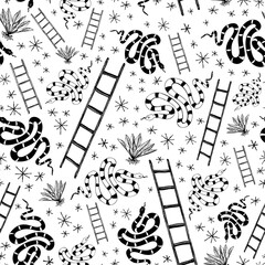 Hand drawn snakes, ladders, plants and doodle stars in black and white vector seamless pattern. Minimal monochrome surface art designed for printing on various surfaces or for use in graphic design.