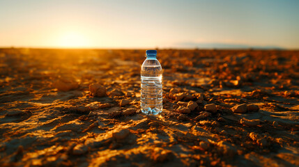 A clear water bottle stands on cracked dry earth with the warm glow of the sunset behind