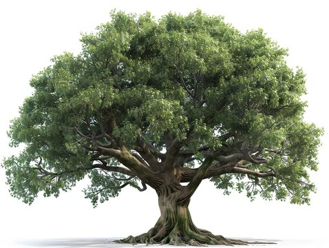 The mighty Oak tree, symbol of strength, digitally rendered, isolated on a white background.
