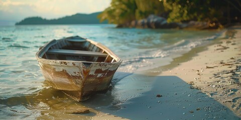 A boat is sitting in the water on a beach. The boat is old and rusted. The water is calm and the sky is clear