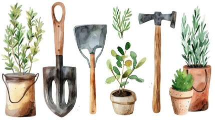 A collection of gardening tools and plants. The plants are in pots and the tools are in various sizes and shapes. Scene is peaceful and relaxing, as it depicts a garden setting
