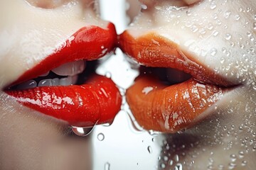 Fototapeta premium Two lips kissing each other. Close up photo.