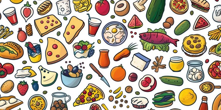 A cartoonish drawing of various foods and drinks, including pizza, sandwiches, and fruit. Concept of abundance and variety, with a focus on healthy eating