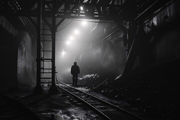A man stands on a train track at night, surrounded by darkness, casting a silhouette against the dimly lit backdrop - obrazy, fototapety, plakaty