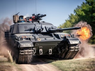Heavy armory tank on a battlefield with explosion. Generative AI